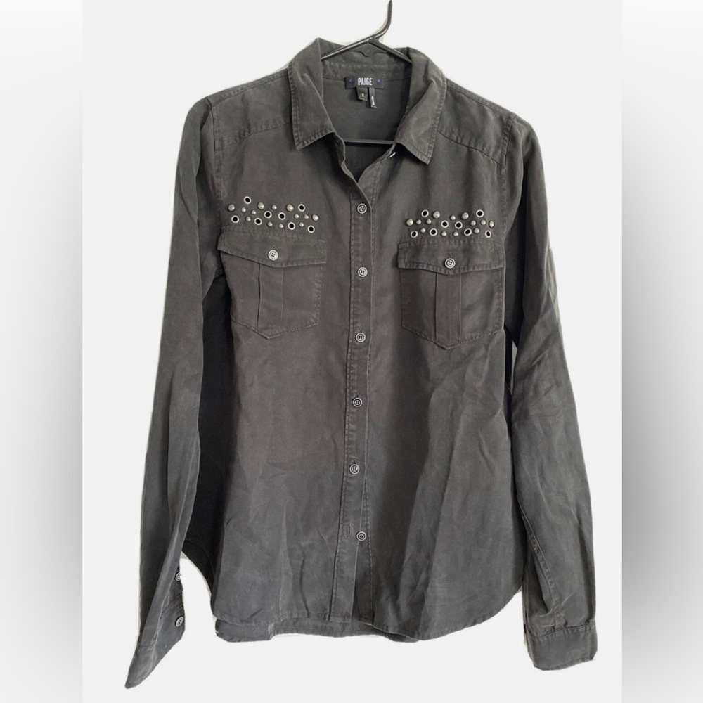 Paige Black Button Down Long Sleeve studded tencel Blouse Top Size small